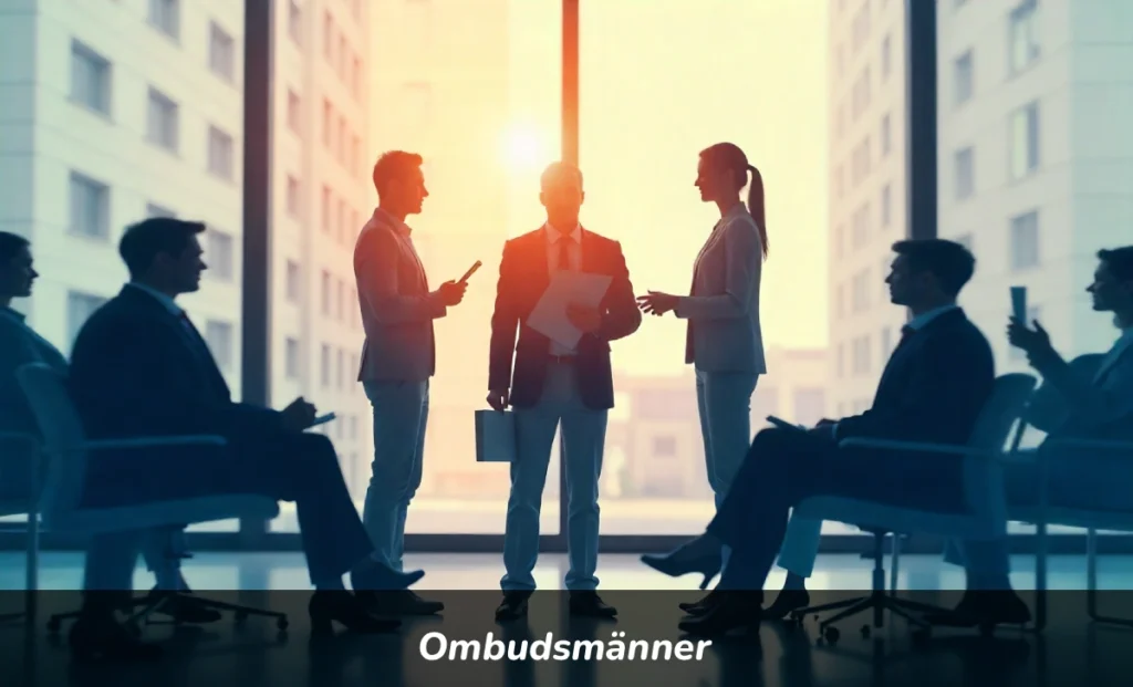 Ombudsmänner mediator standing between two parties resolving workplace dispute independently