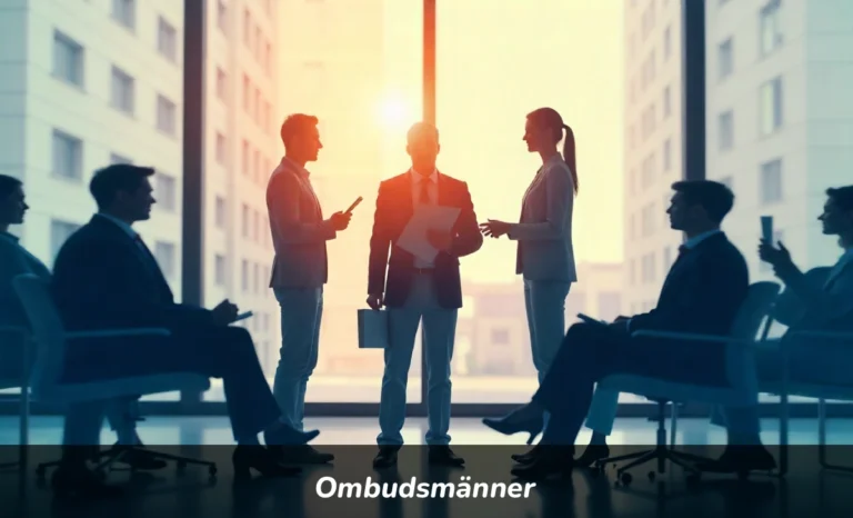 Ombudsmänner mediator standing between two parties resolving workplace dispute independently