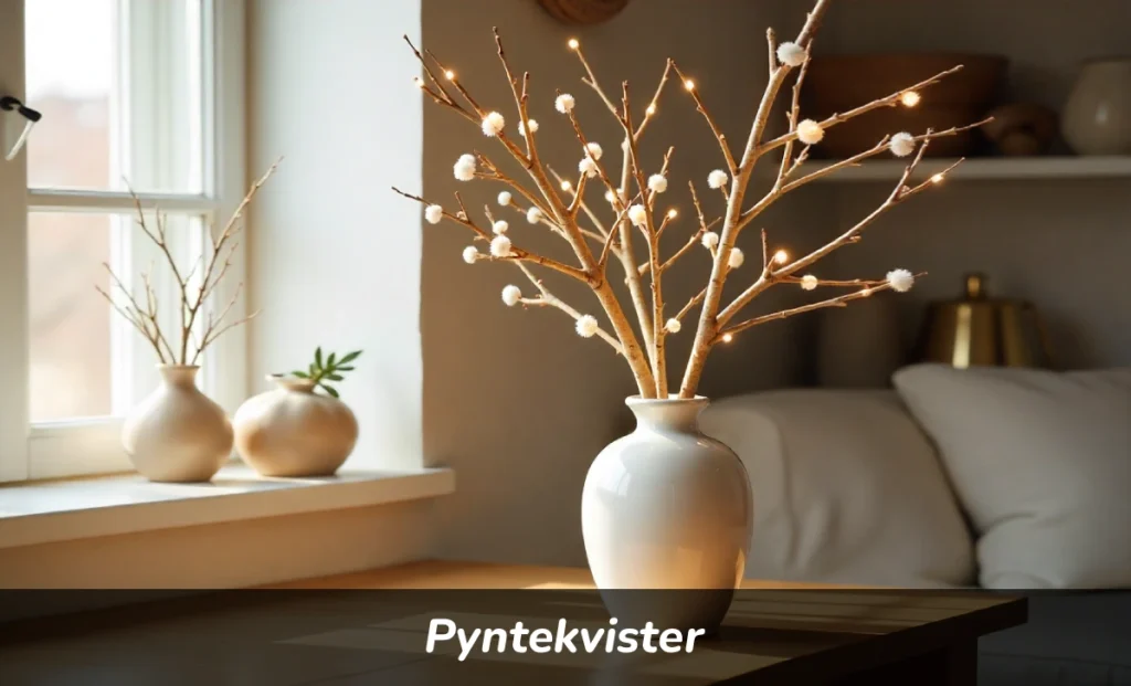Pyntekvister decorative branches in tall vase with white lights and ornaments on wooden table in Scandinavian home
