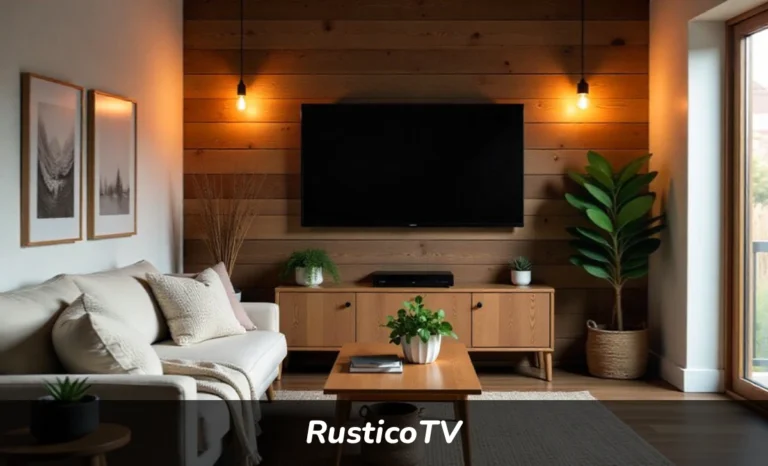 rusticotv entertainment space with reclaimed wood wall and modern TV in cozy rustic living room