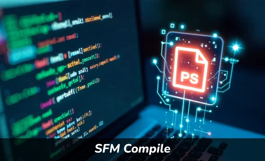 SFM Compile tool converting source code into executable program on computer screen