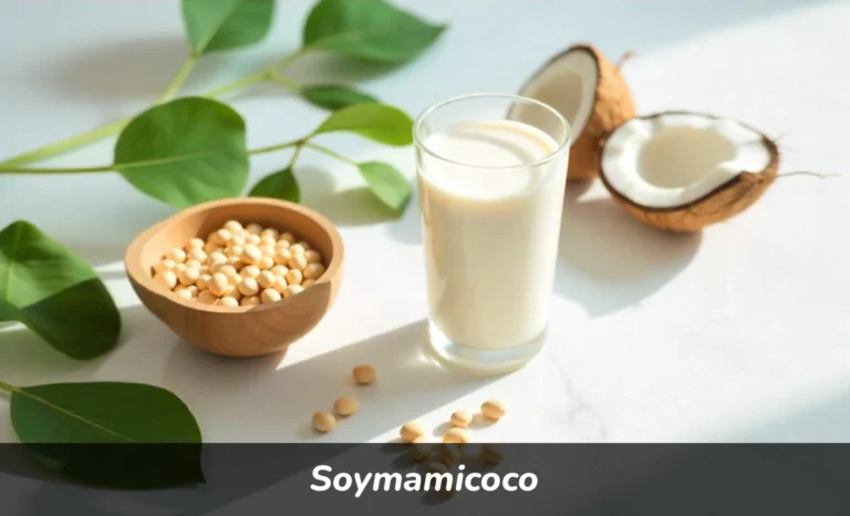 Soymamicoco plant-based ingredients including soybeans coconut and creamy dairy-free milk on marble surface for wellness nutrition