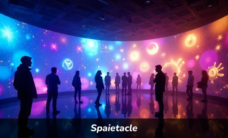 Spaietacle immersive performance with projected lights and interactive digital art displays on stage