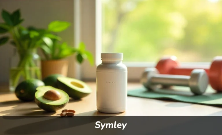 Symley supplement bottle on kitchen counter with fresh vegetables and water glass for daily wellness routine