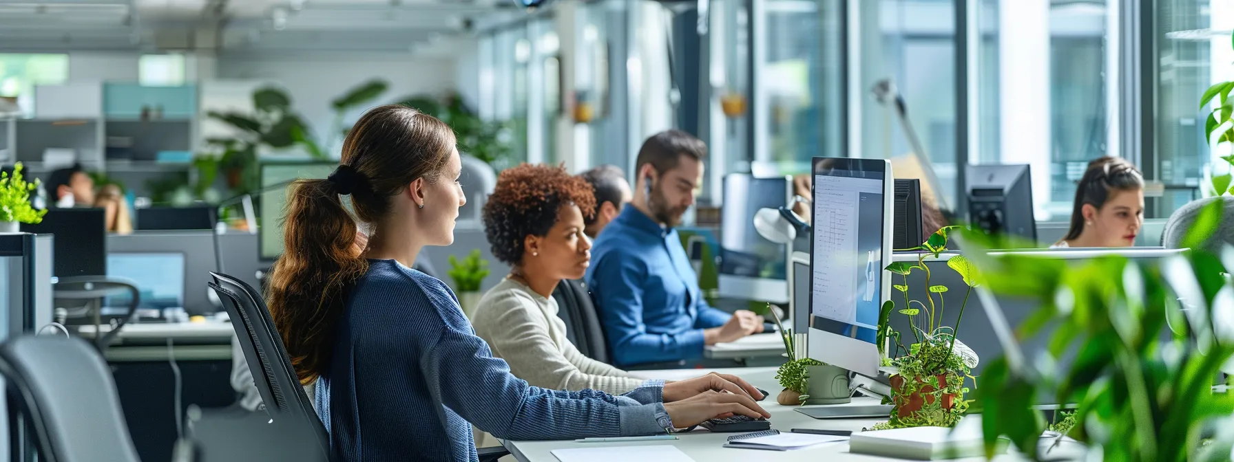 The Benefits of Implementing Knowledge Management Software in the Workplace - Business - Next Magazine Office staff engaged with technology amid green plants, representing seamless workflow and collaboration brought by top knowledge management software.