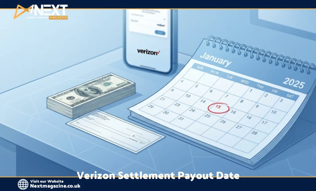 Verizon settlement payout date calendar with money check and Verizon logo