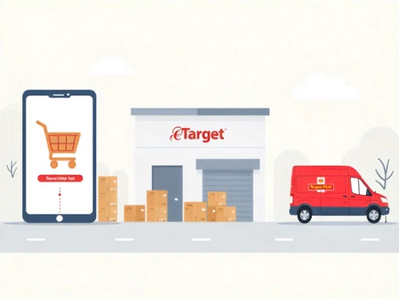 eTarget Limited delivery process illustration showing online order to warehouse fulfilment to Royal Mail home delivery