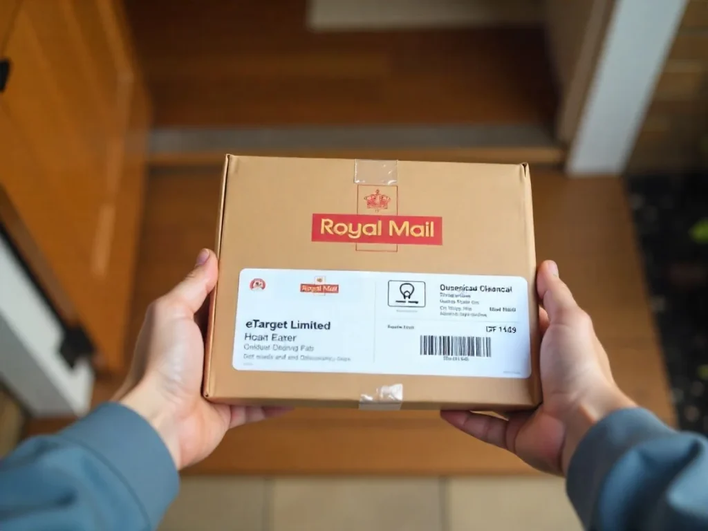 eTarget Limited parcel on doorstep with Royal Mail shipping label and tracking barcode