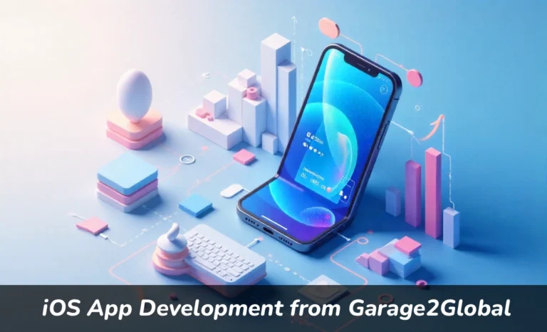 iOS app development from Garage2Global showing iPhone with custom app interface and development tools