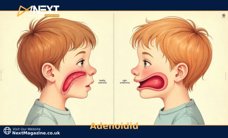 Adenoidid illustration showing swollen adenoid tissue behind nasal cavity causing breathing problems in children