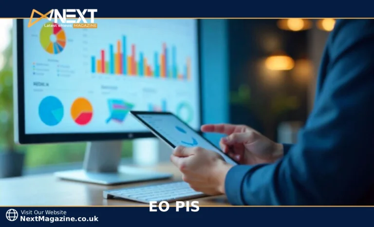 Executive viewing EO PIS dashboard with performance metrics and KPI charts on computer screen