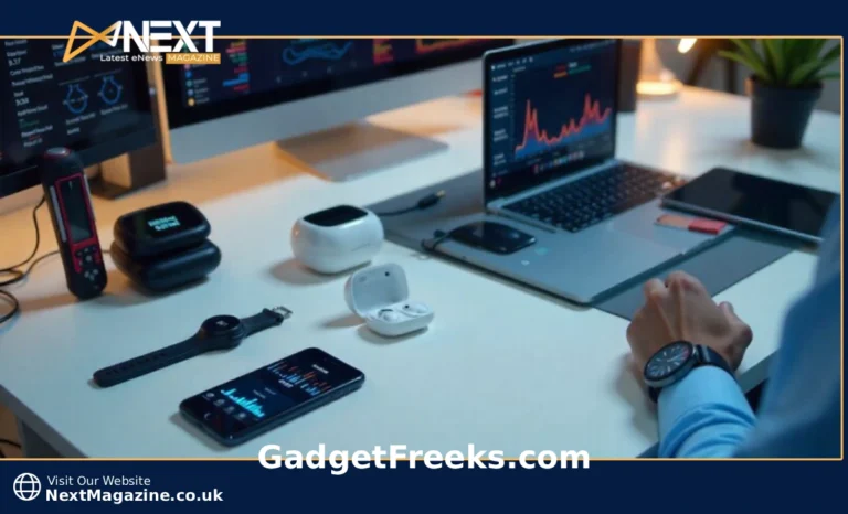 GadgetFreeks.com tech review workspace showing smartphones, laptops, and testing equipment for honest gadget reviews