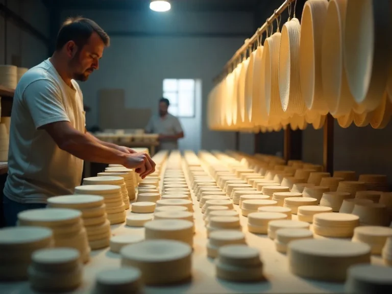 Workers shaping and drying molded cellulose fiber cups and plates in a factory.