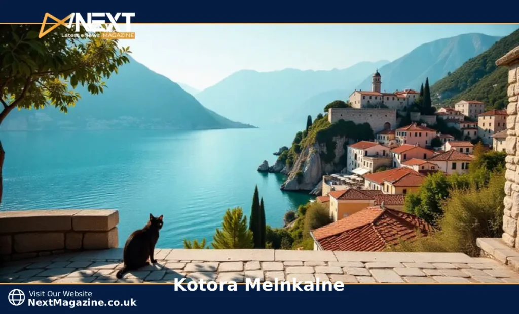 Kotora Melnkalne medieval Old Town with red rooftops along Bay of Kotor surrounded by limestone mountains in Montenegro