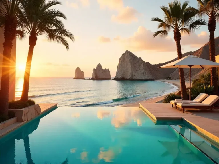 Aerial view of Los Cabos luxury destination showing pristine beaches, turquoise waters, and upscale resorts along the coastline