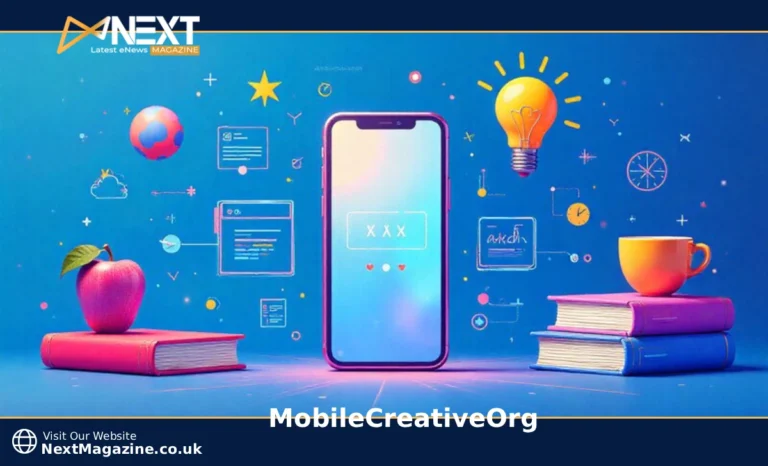 MobileCreativeOrg platform showing mobile app development resources with smartphone displaying coding tools and design elements for developers