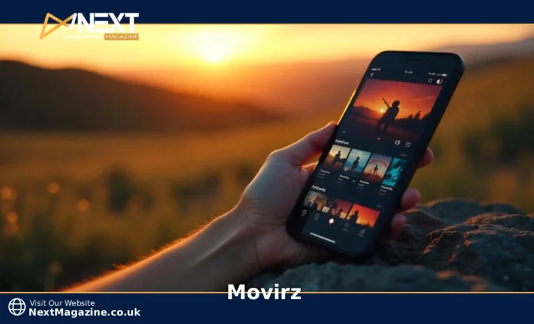 Movirz free movie download platform interface shown on smartphone screen with streaming content thumbnails