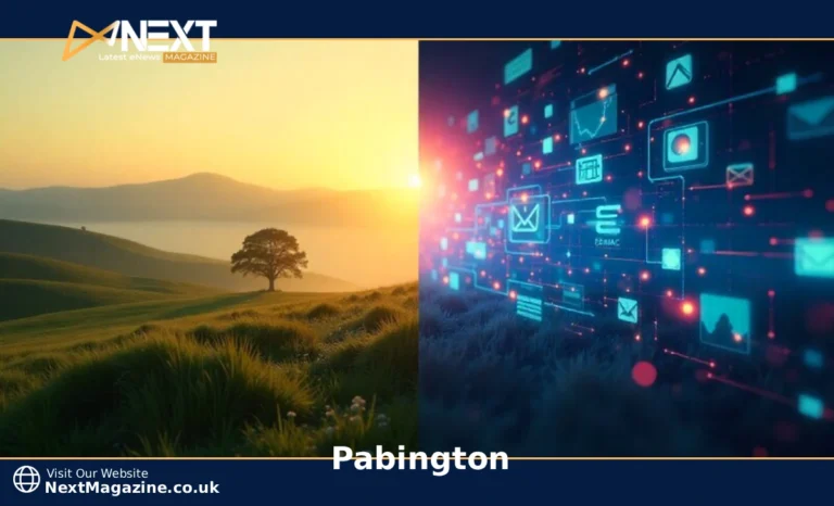 Digital illustration showing empty British countryside versus glowing internet networks, representing Pabington as online phenomenon not real place