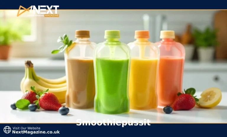 Reusable Smoothiepussit pouches filled with colorful smoothies on kitchen counter with fresh fruits