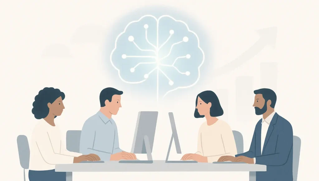 IT team using top AI enablement tools on their computers in an office