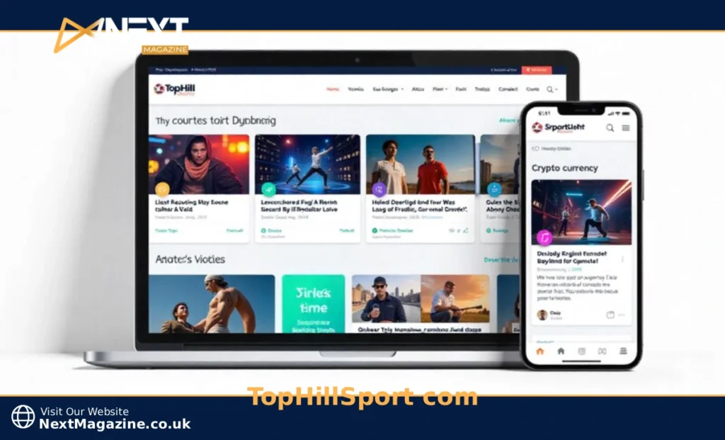 TopHillSport com homepage showing multi-topic categories including technology business gaming and cryptocurrency sections