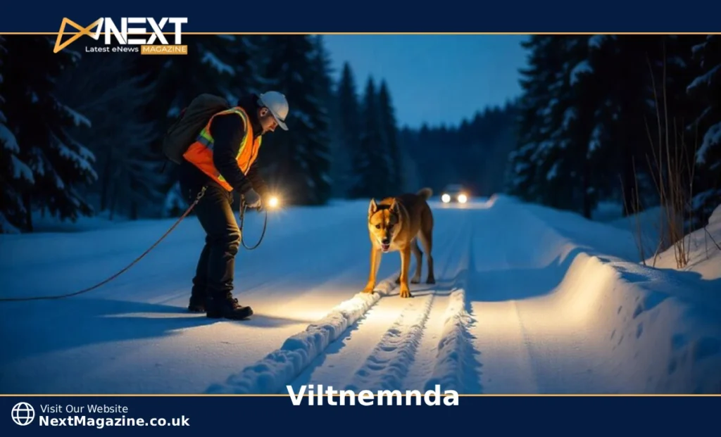 Viltnemnda team with tracking dog responding to a wildlife accident in a snowy Norwegian forest at night.