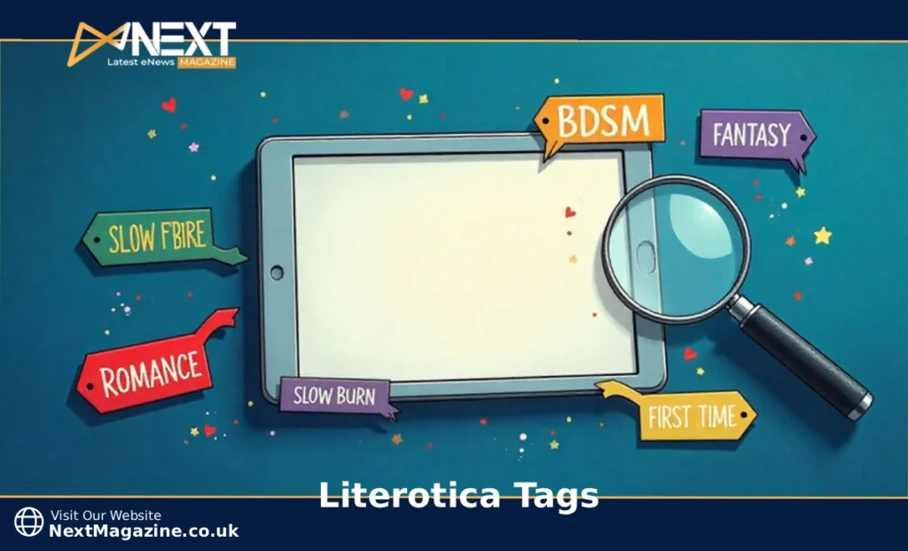 Literotica tags displayed on digital screen showing romance fantasy and BDSM keywords for story filtering