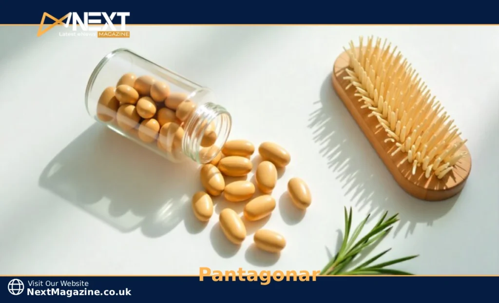 Pantagonar supplement bottle with capsules designed to treat diffuse hair loss, strengthen brittle nails, and support keratin production through amino acids and B vitamins