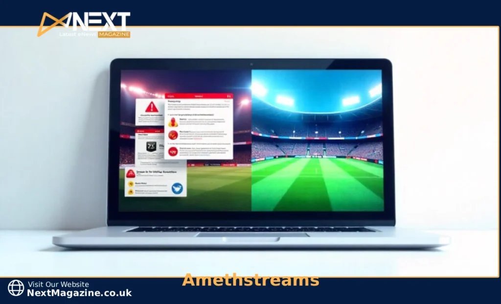 Amethstreams unauthorized sports streaming site interface showing NFL NBA MLB live games with malware warning and legal risk alert