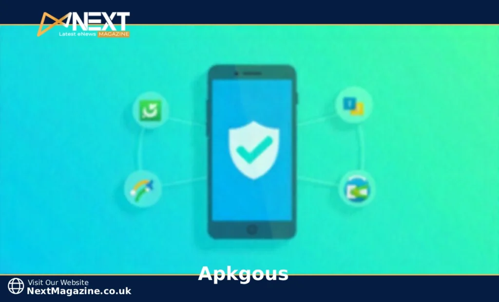 Apkgous APK downloads showing Android phone with security shield and app icons