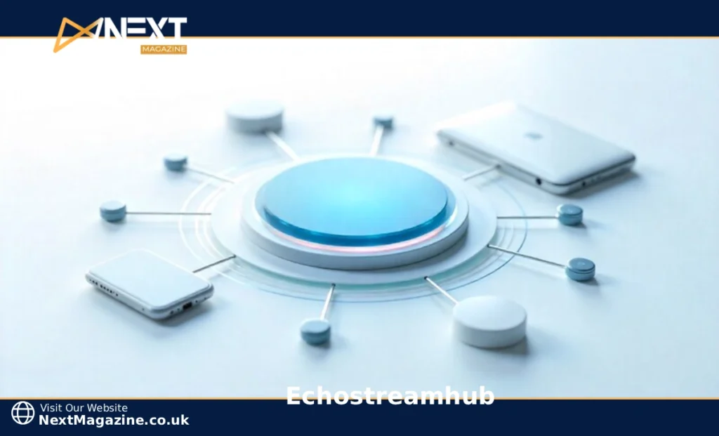 Echostreamhub streaming platform connecting multiple devices through cloud technology with central hub illustration