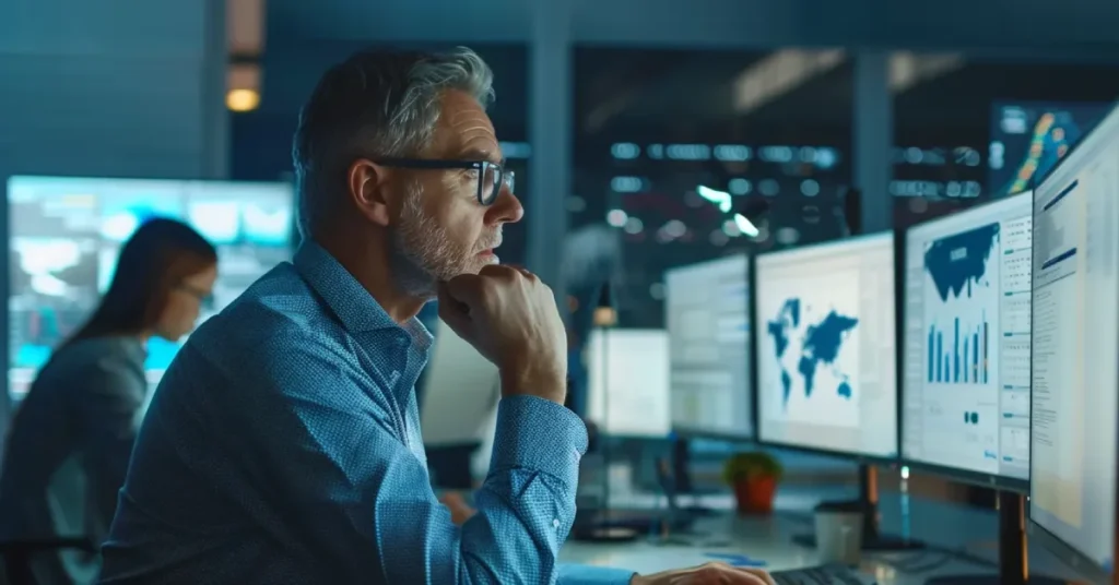 A man at a desk with multiple monitors, using AI management software for efficient task handling and organization.
