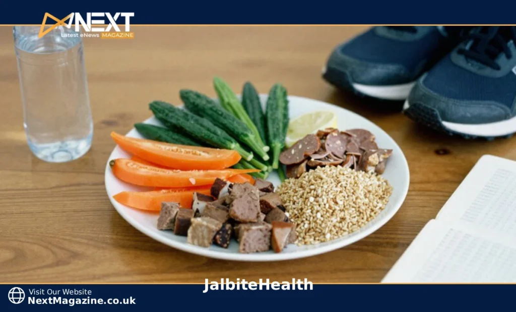 sustainable wellness lifestyle with balanced nutrition plate and walking shoes for jalbitehealth approach