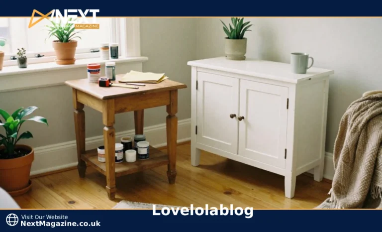 Budget DIY projects and home organization supplies on wooden table with painting tools and furniture makeover