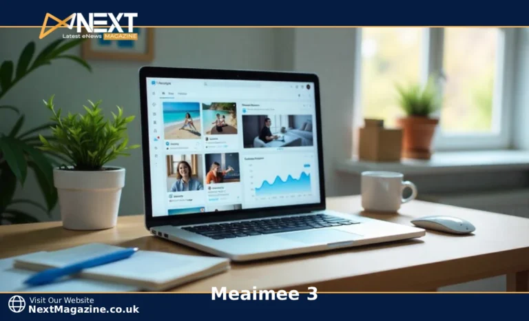 Meaimee 3 dashboard showing content creation templates for Instagram, YouTube, and blog posts with analytics on laptop screen