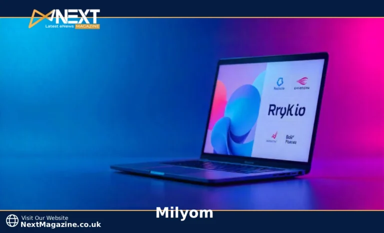 Milyom guide showing dairy products, personal growth journal, and digital branding on laptop screen