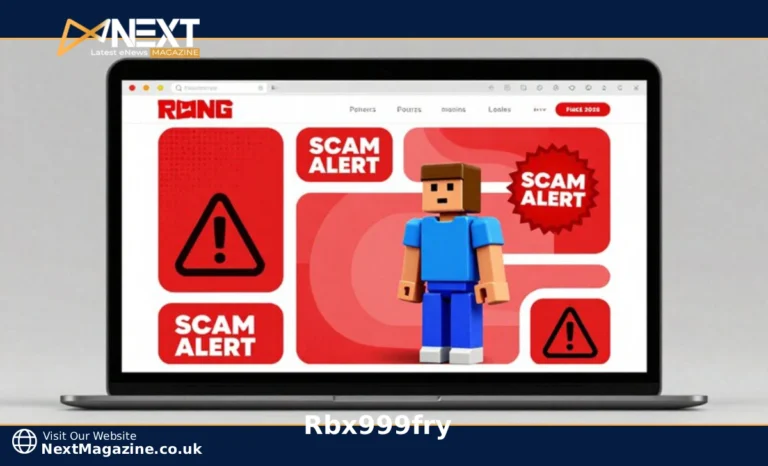 Rbx999fry scam warning showing fake Robux generator website targeting Roblox players with red alert symbols