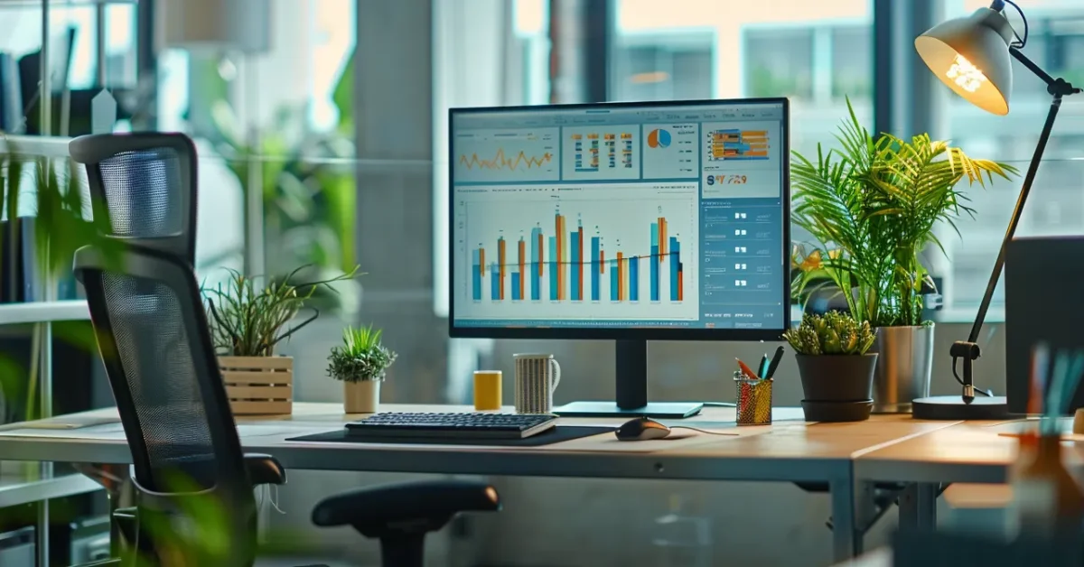 The Advantages of Implementing AI Management Software in Your Business - Business - Next Magazine A desk featuring a computer monitor and a potted plant, symbolizing a workspace focused on AI management tools.