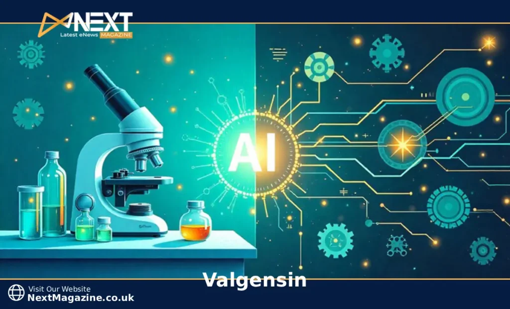 Valgensin AI platform illustration showing pharmaceutical validation and digital learning technology with connected neural networks