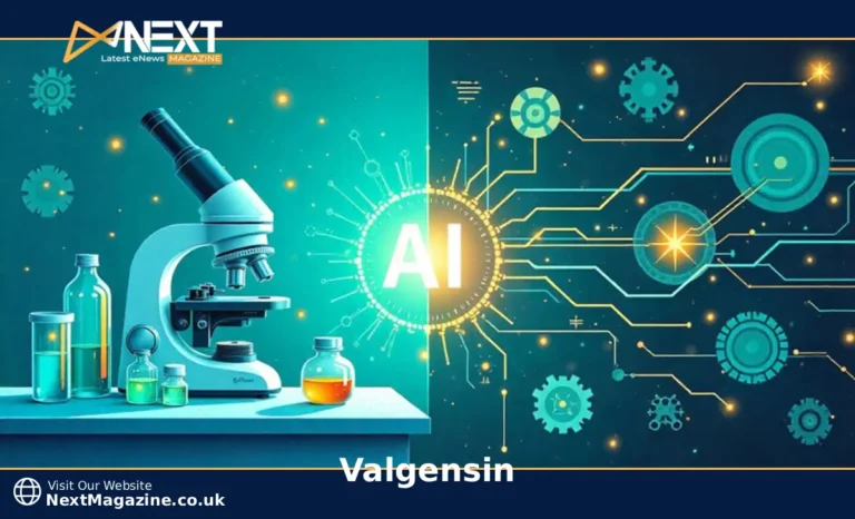 Valgensin AI platform illustration showing pharmaceutical validation and digital learning technology with connected neural networks