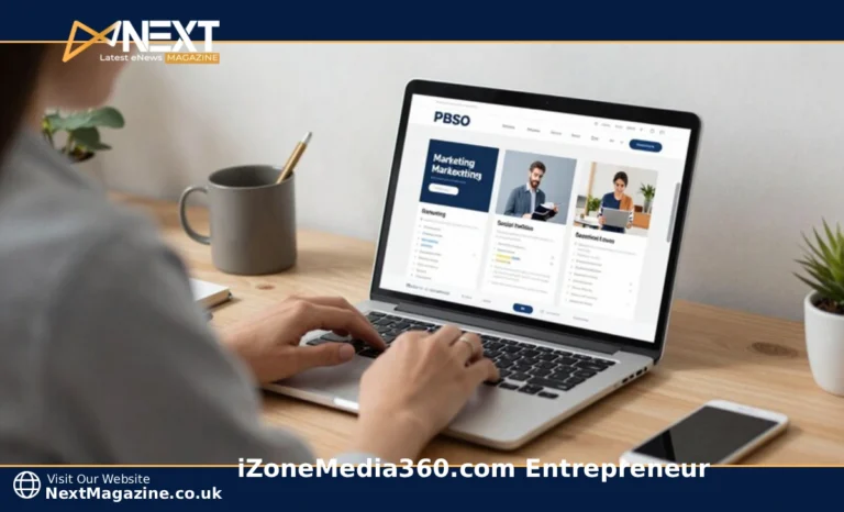 Entrepreneur using iZoneMedia360 platform dashboard on laptop