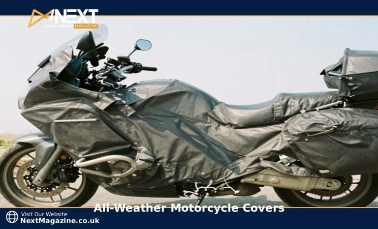all-weather motorcycle cover fitted on touring bike for outdoor parking protection