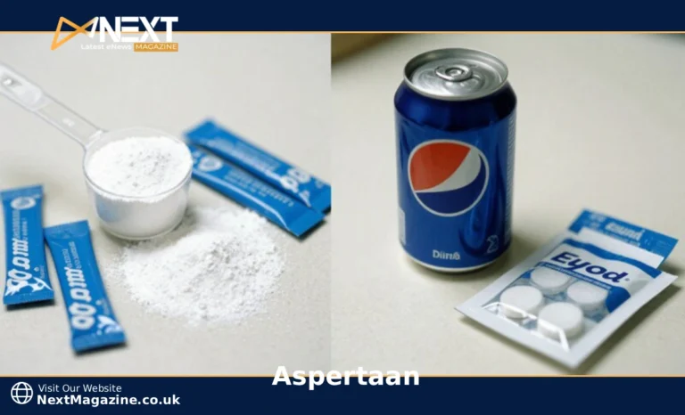 Aspartame artificial sweetener showing Equal packets, diet soda, and sugar-free gum with molecular structure