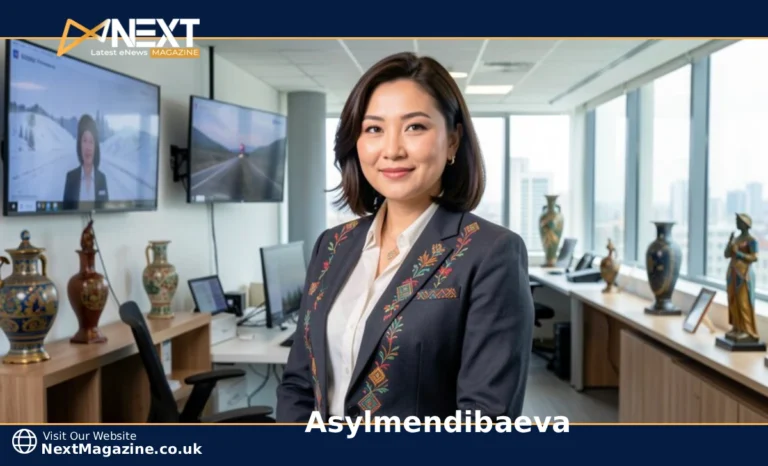 Asylmendibaeva Kazakhstan digital entrepreneur and cultural influencer in modern office with traditional Kazakh elements
