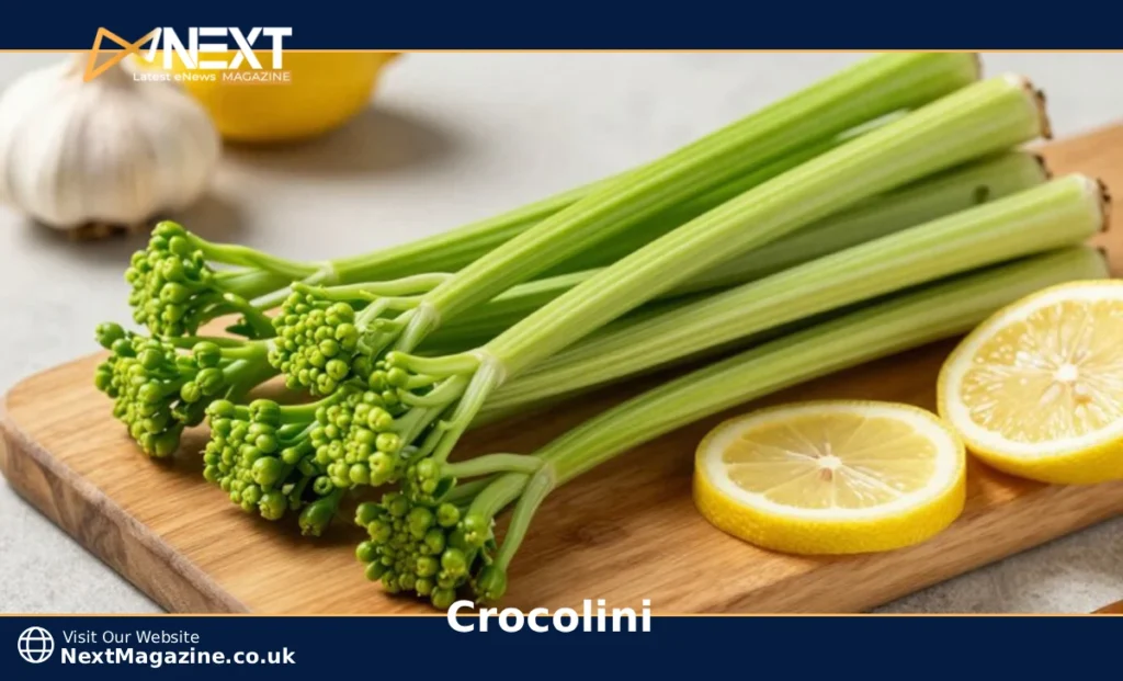 Fresh crocolini broccolini stalks with green florets on wooden cutting board showing tender edible stems
