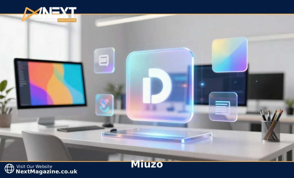 Digital creator working on Miuzo-inspired online identity with colorful interactive design elements on computer screens