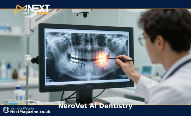 Veterinarian reviewing NeroVet AI Dentistry software analyzing dog dental X-ray on computer screen