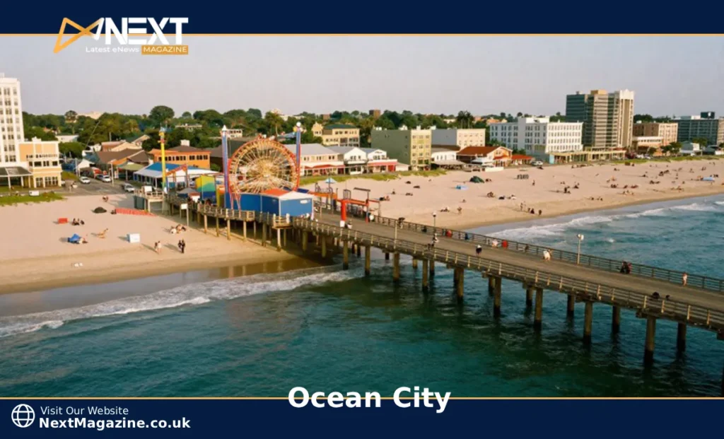 Aerial view of Ocean City Maryland boardwalk and beach along the Atlantic coast