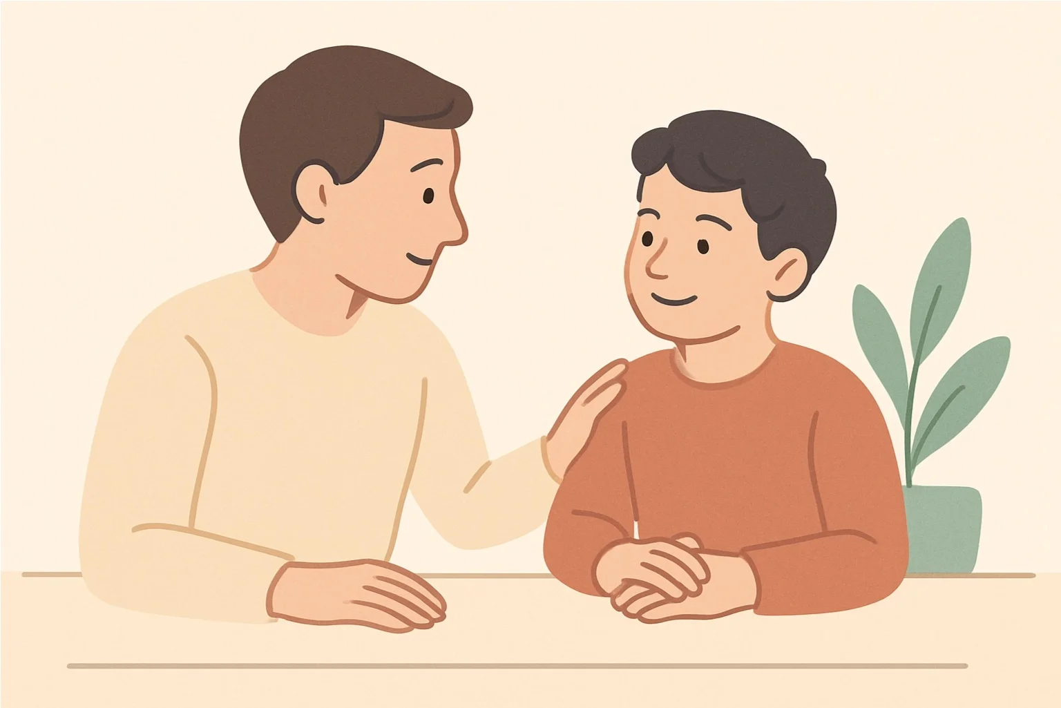 Parent and child talking calmly at a table, showing positive communication and a safe, caring family connection.