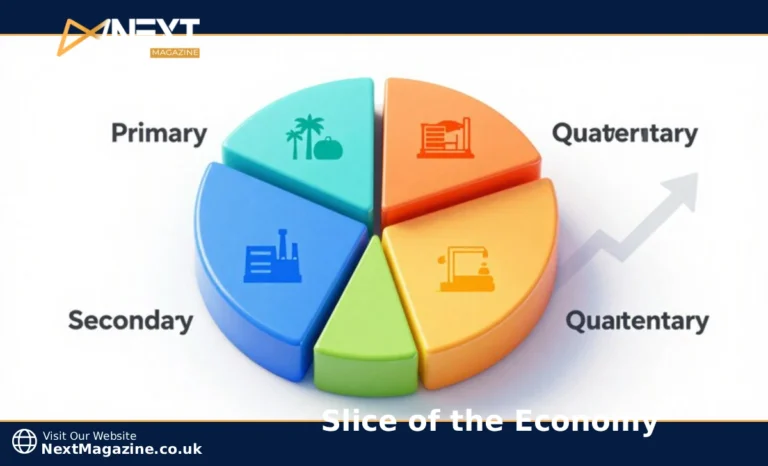Slice of the economy diagram showing four economic sectors - primary, secondary, tertiary, and quaternary sectors with GDP percentages